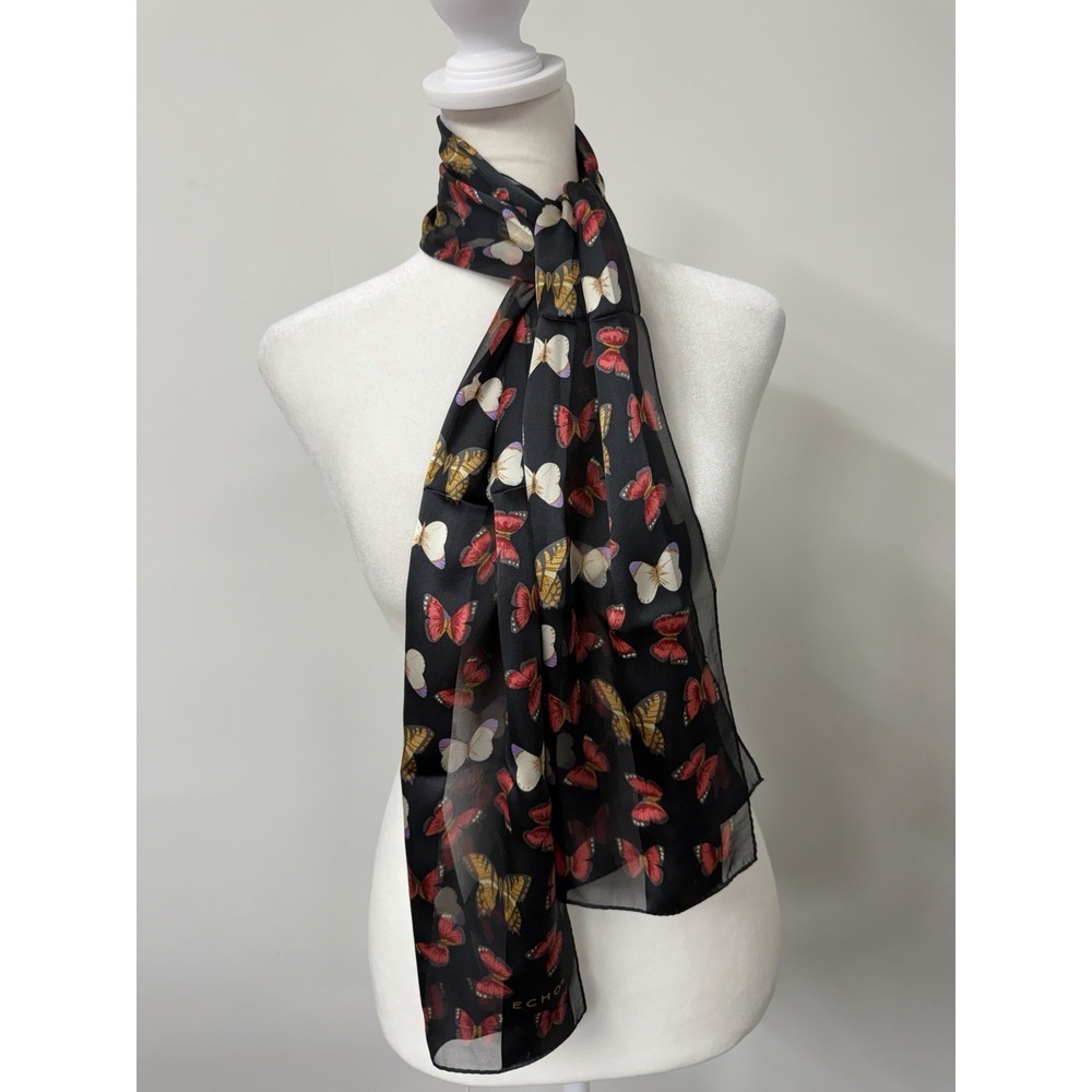 Vtg Echo Scarf 100% Silk Long Rectangular Navy with Red butterflies Classic